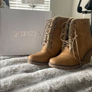 Tan Lace Up Boots with Wedge Heel